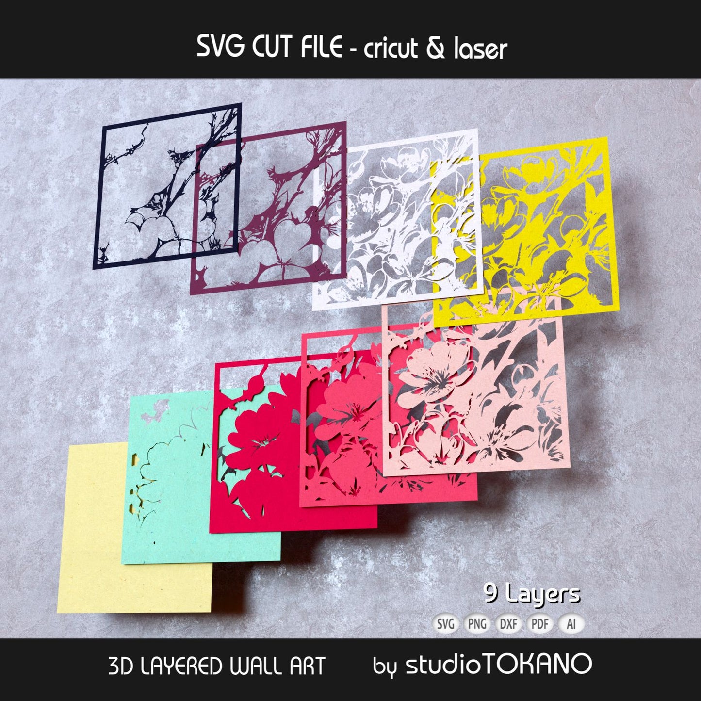 Cherry blossom shadow box SVG layer guide showing the separate papercut layers and color arrangement for Cricut, Silhouette, Glowforge, and xTool assembly.
