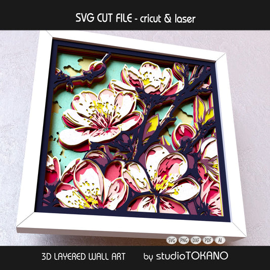 Side-angle view of the sakura shadow box SVG showing clean cut edges, dimensional cardstock layers, and delicate cherry blossom details.