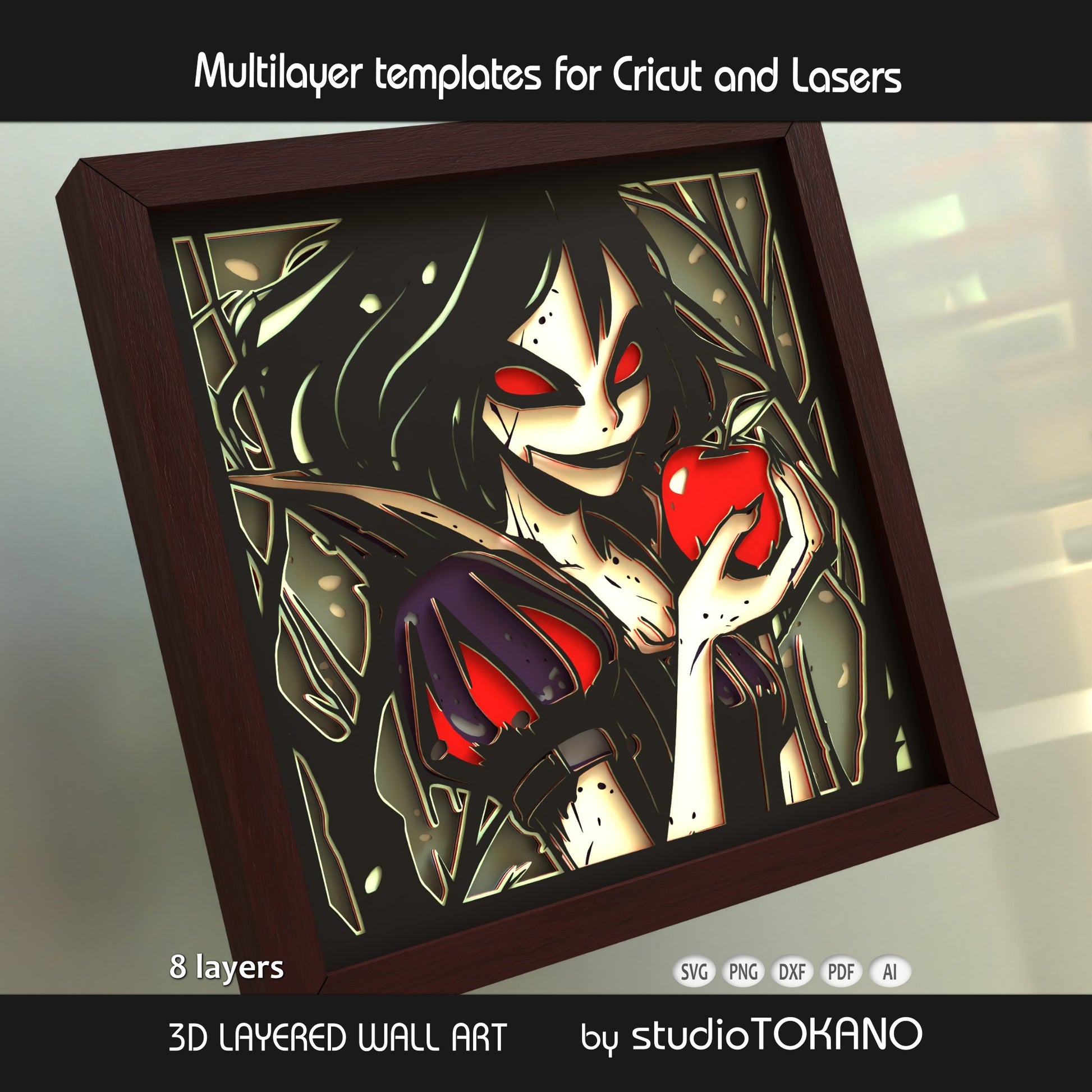 Snow White 3D layered shadow box art with classic fairytale details, whimsical dark styling, and dimensional papercut construction.