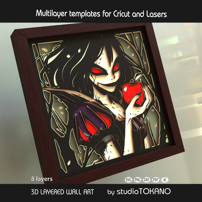 Snow White 3D layered shadow box art with classic fairytale details, whimsical dark styling, and dimensional papercut construction.