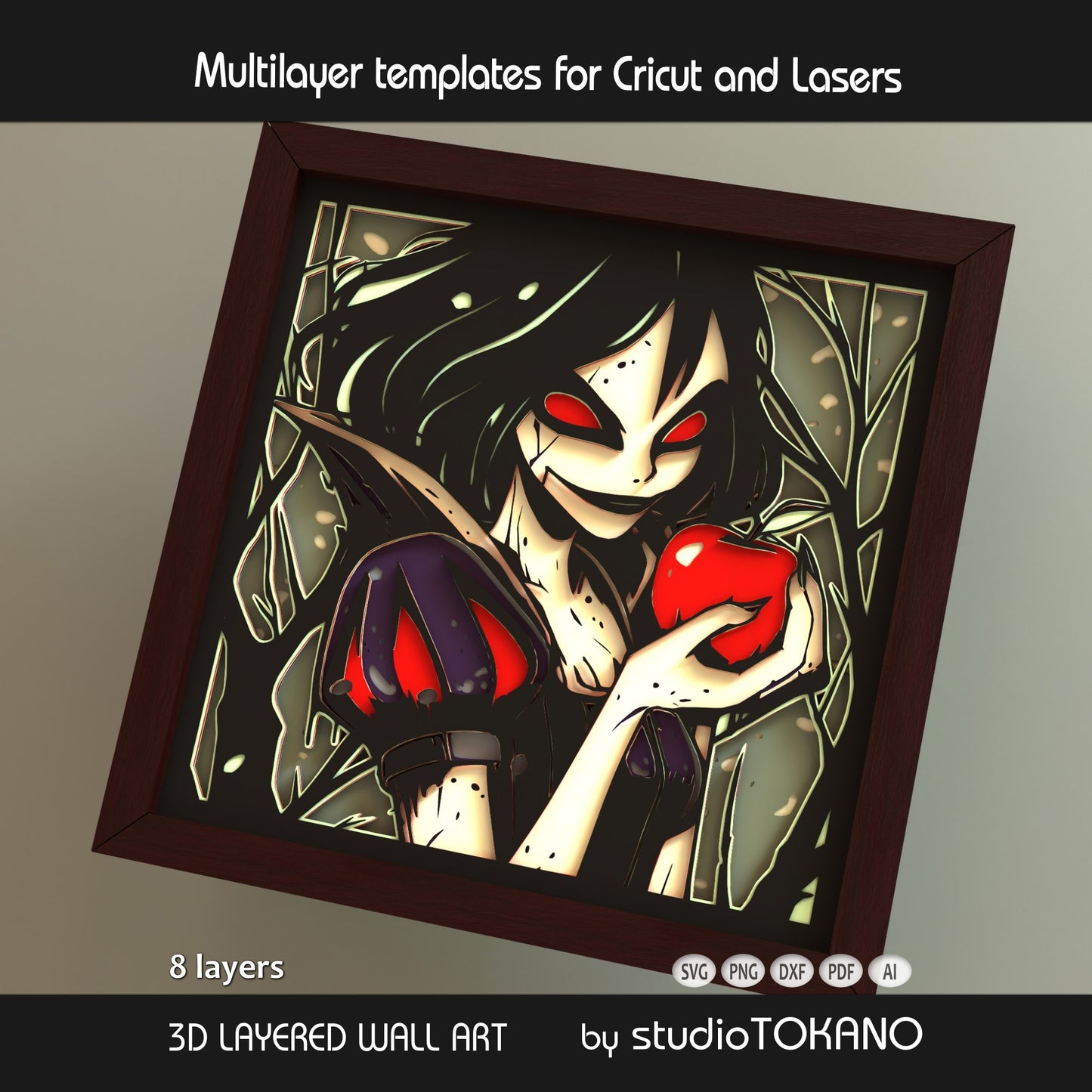 Close-up of the Snow White layered SVG design showing elegant fairytale artwork, stacked cardstock layers, and a moody gothic atmosphere.