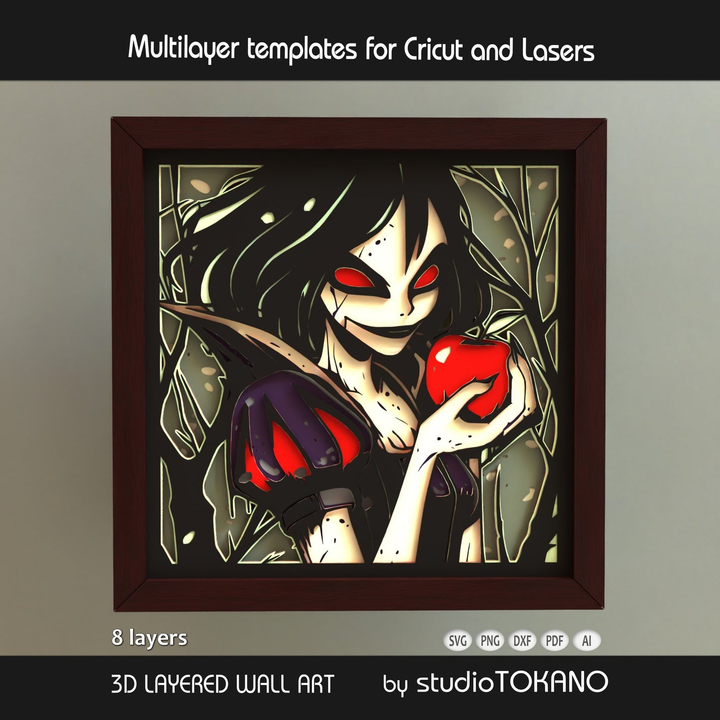Snow White shadow box SVG layer guide showing the separate papercut layers and color arrangement for Cricut, Silhouette, Glowforge, and xTool assembly.