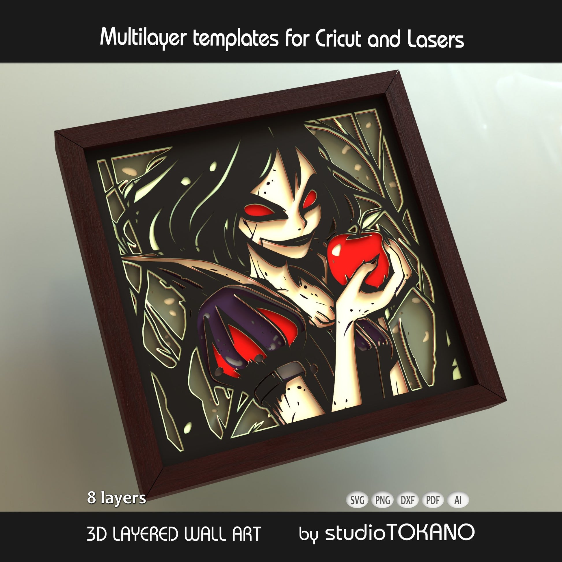 Snow White 3D layered shadow box art with classic fairytale details, whimsical dark styling, and dimensional papercut construction.