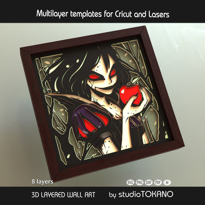 Snow White 3D layered shadow box art with classic fairytale details, whimsical dark styling, and dimensional papercut construction.