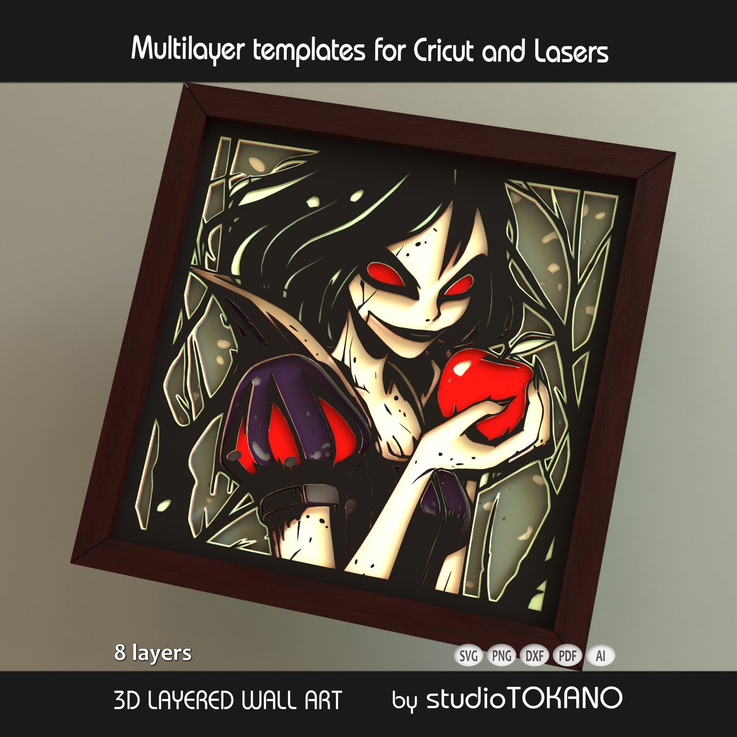 Snow White shadow box SVG shown as finished framed wall art, perfect for fairytale decor, gothic crafts, and layered paper art projects.