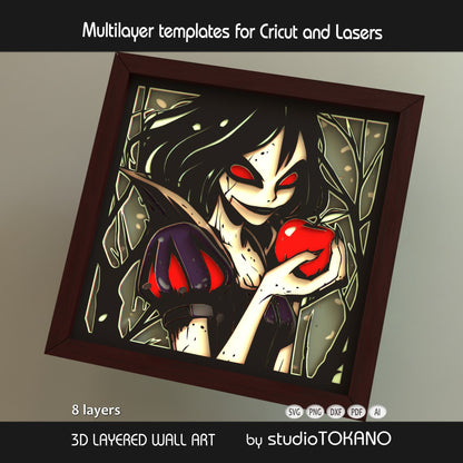 Snow White shadow box SVG shown as finished framed wall art, perfect for fairytale decor, gothic crafts, and layered paper art projects.