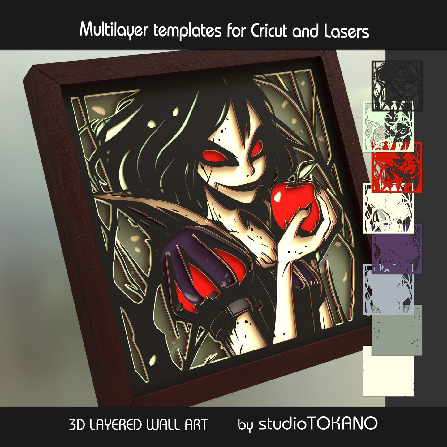 Side-angle view of the Snow White shadow box SVG highlighting the 3D depth, clean cut edges, and layered gothic fairytale design.