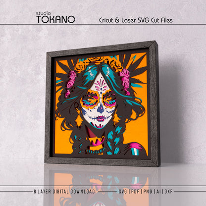 Framed sugar skull girl layered papercut design with floral details, bold colors, and strong 3D cardstock depth for Cricut projects.