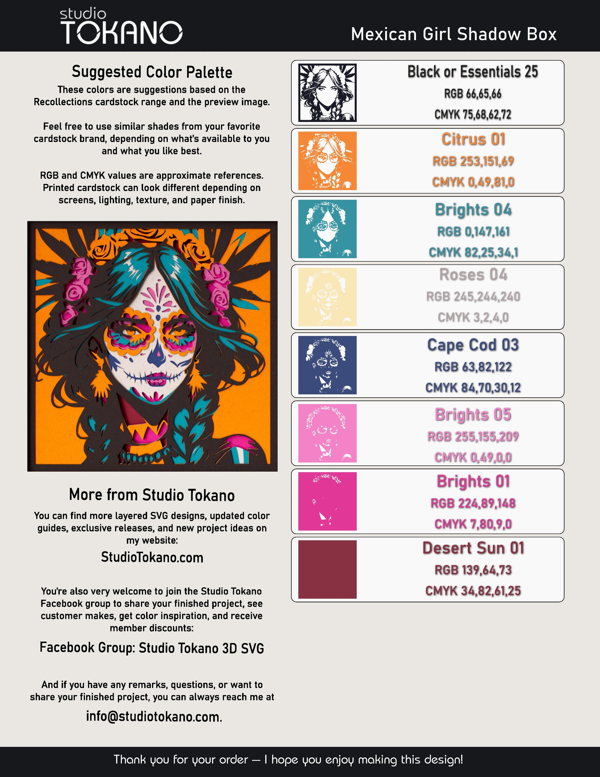 Sugar Skull Girl shadow box SVG layer guide showing the separate papercut layers and color arrangement for Cricut and laser cut assembly.