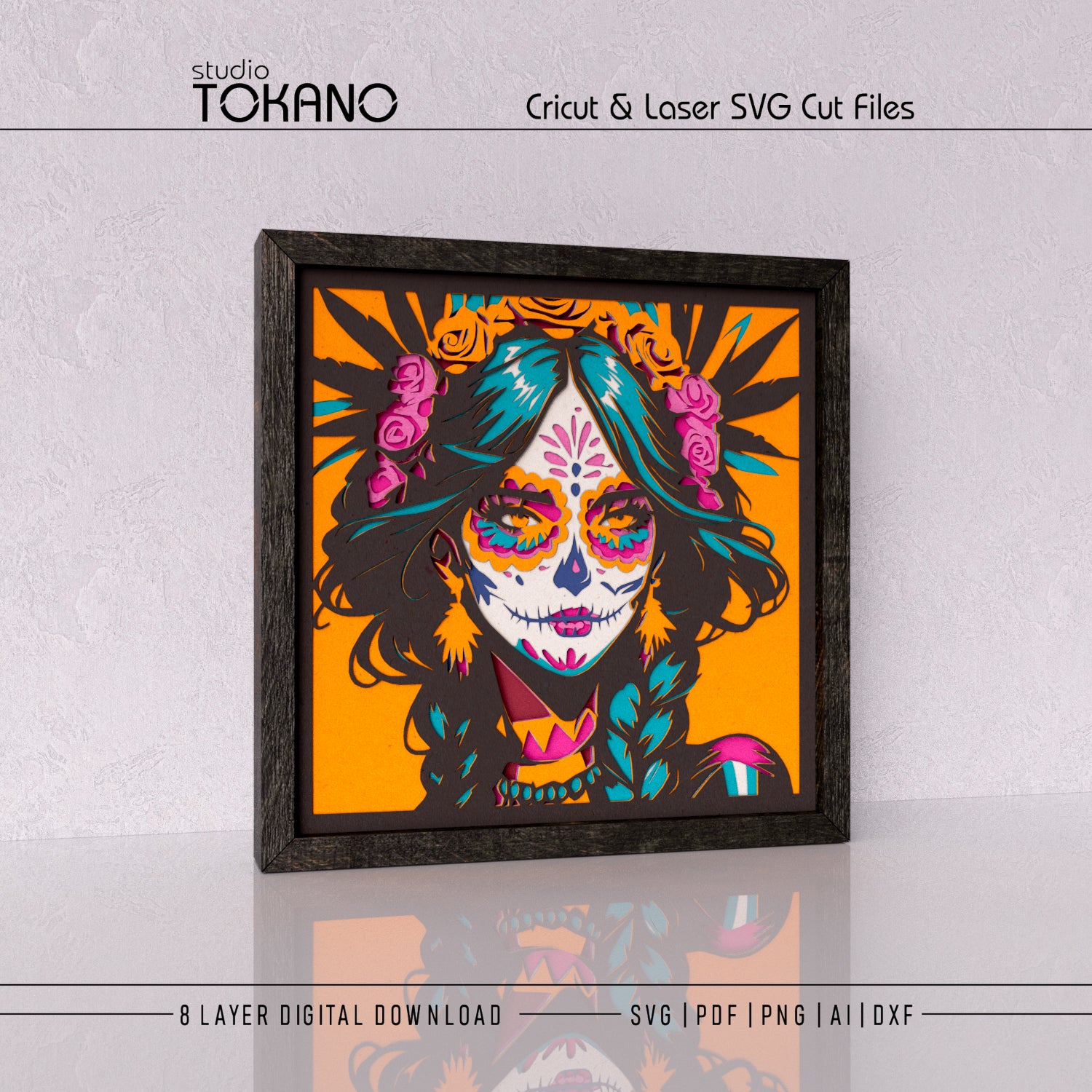 Side-angle view of the sugar skull girl shadow box SVG showing dimensional cardstock depth, clean cut edges, and layered wall art detail.