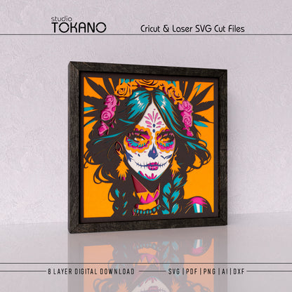 Side-angle view of the sugar skull girl shadow box SVG showing dimensional cardstock depth, clean cut edges, and layered wall art detail.