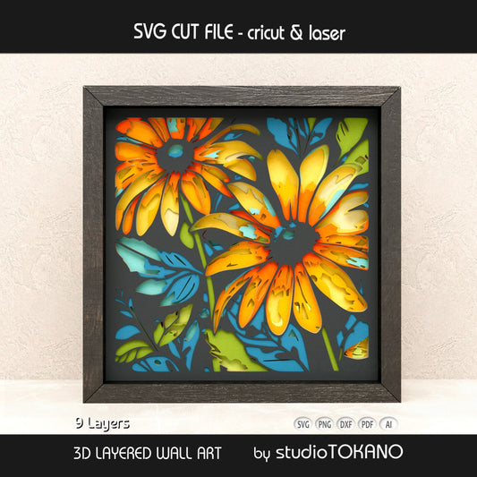 9-layer sunflower shadow box SVG created as a Cricut, Silhouette, Glowforge, and xTool cut file.