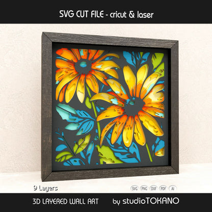 Sunflower layered flower SVG shown in a framed mockup with strong depth, clean cardstock layers, and a finished floral wall art look.