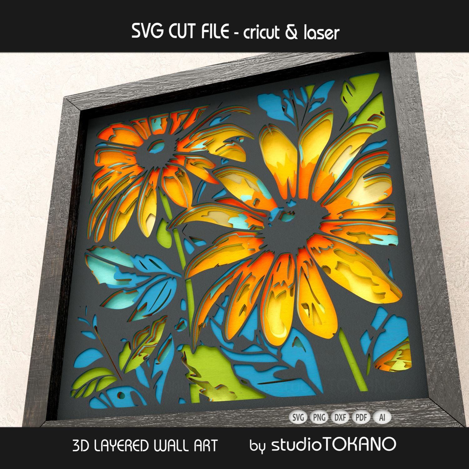 Sunflower 3D layered shadow box art designed as a Cricut and laser cut file for floral wall decor.
