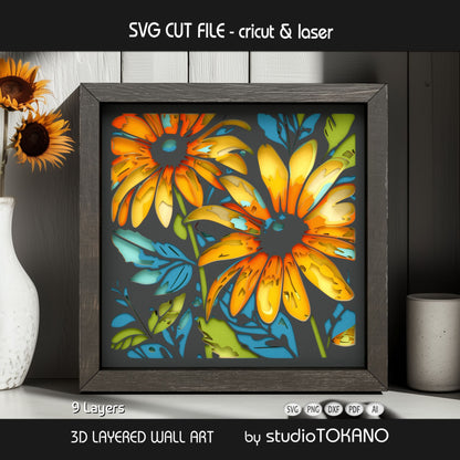 Framed sunflower layered wall art shown in an interior setting, highlighting the 3D depth and stacked cardstock layers.