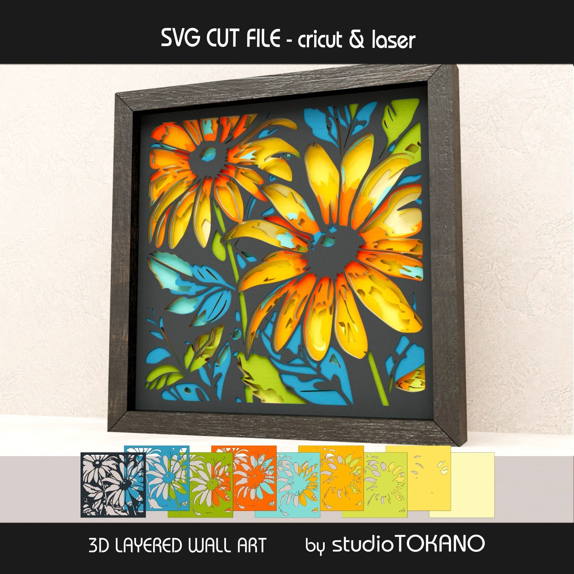 Sunflower papercut wall art displayed in a shadow box frame with dimensional 3D layered cardstock construction.