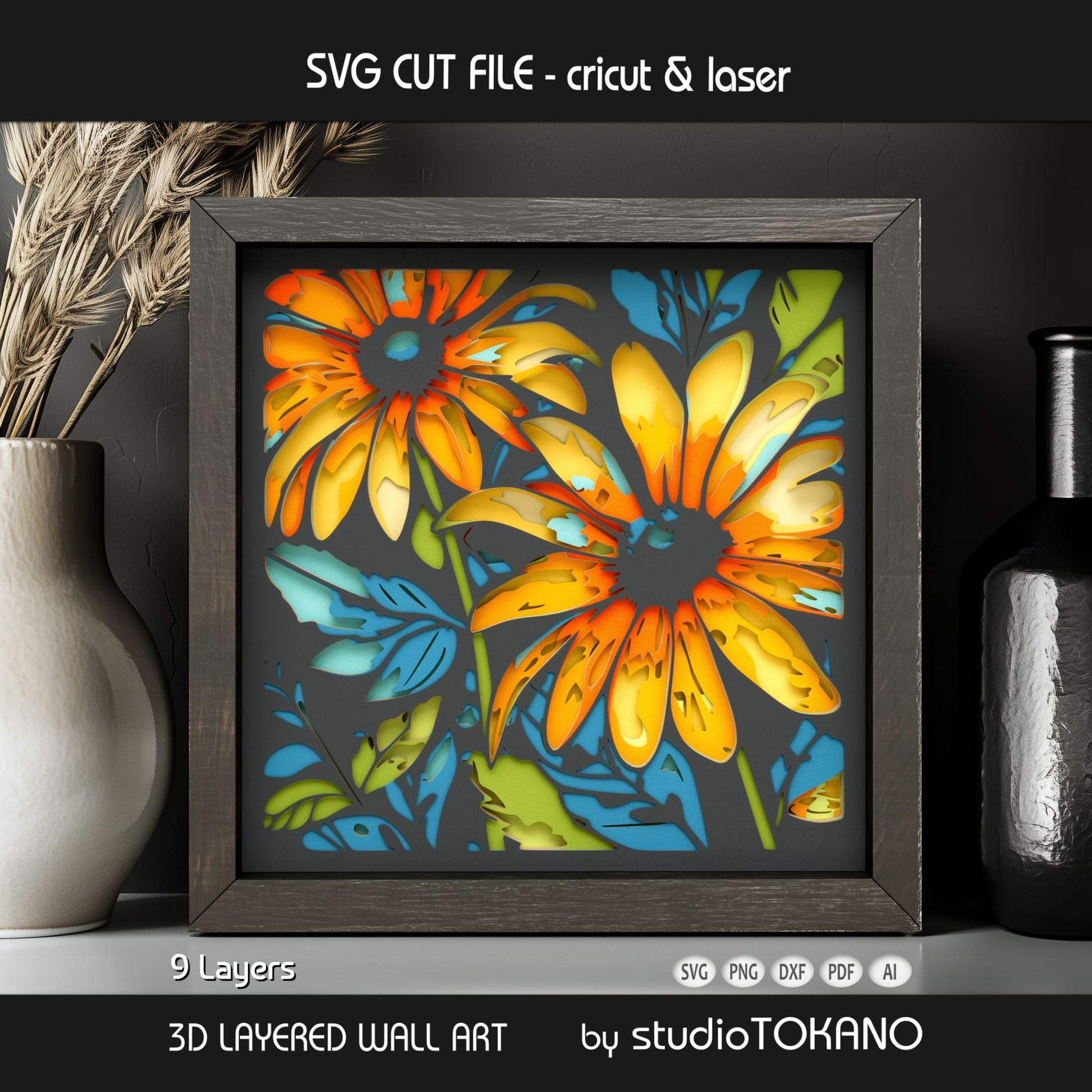 Sunflower shadow box SVG shown as finished framed wall art, perfect for farmhouse decor, flower lover gifts, and layered paper crafts.