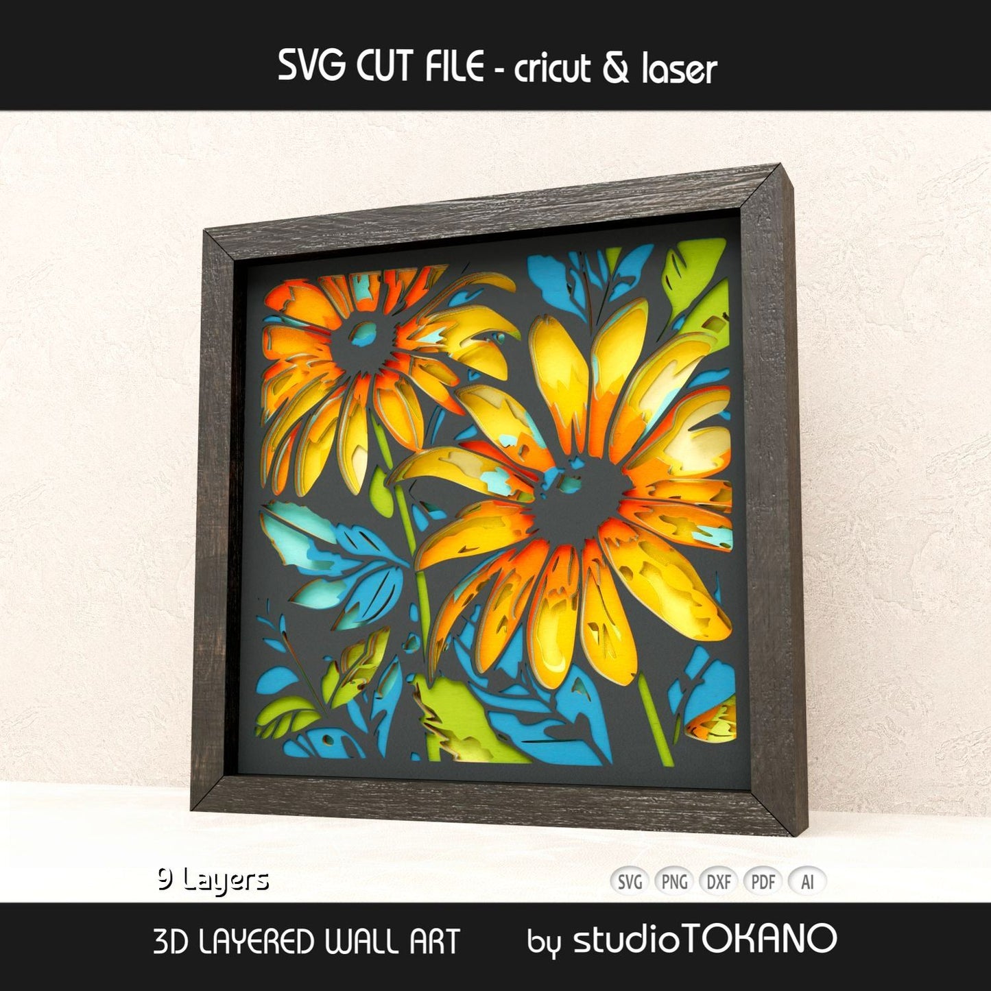 Side-angle view of the sunflower shadow box SVG showing clean cut edges, dimensional cardstock layers, and bold floral detail.