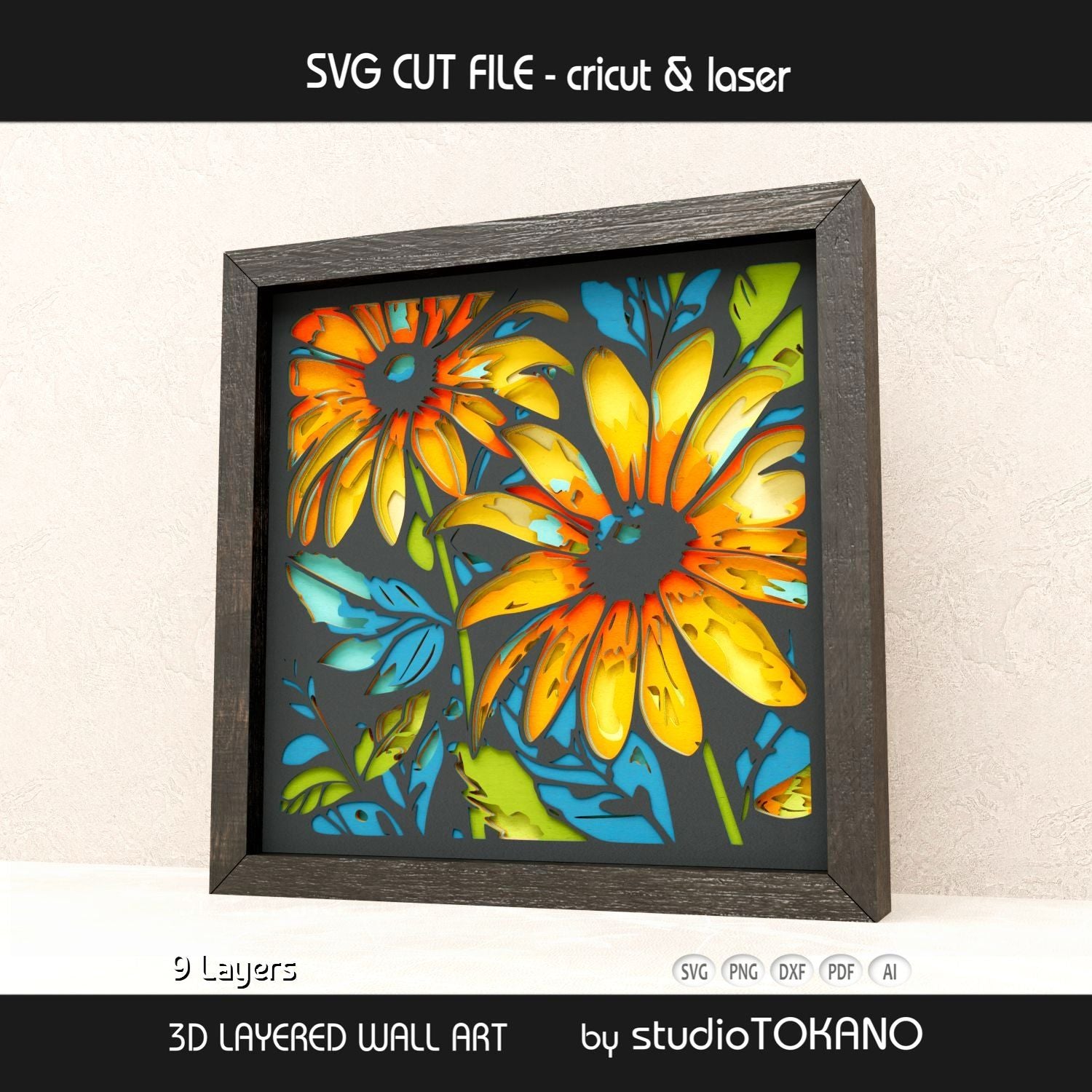 Side-angle view of the sunflower shadow box SVG showing clean cut edges, dimensional cardstock layers, and bold floral detail.