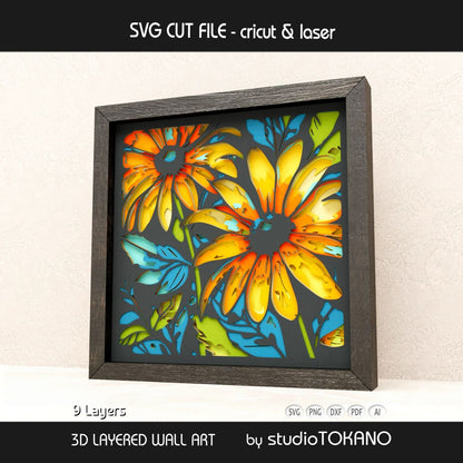 Side-angle view of the sunflower shadow box SVG showing clean cut edges, dimensional cardstock layers, and bold floral detail.