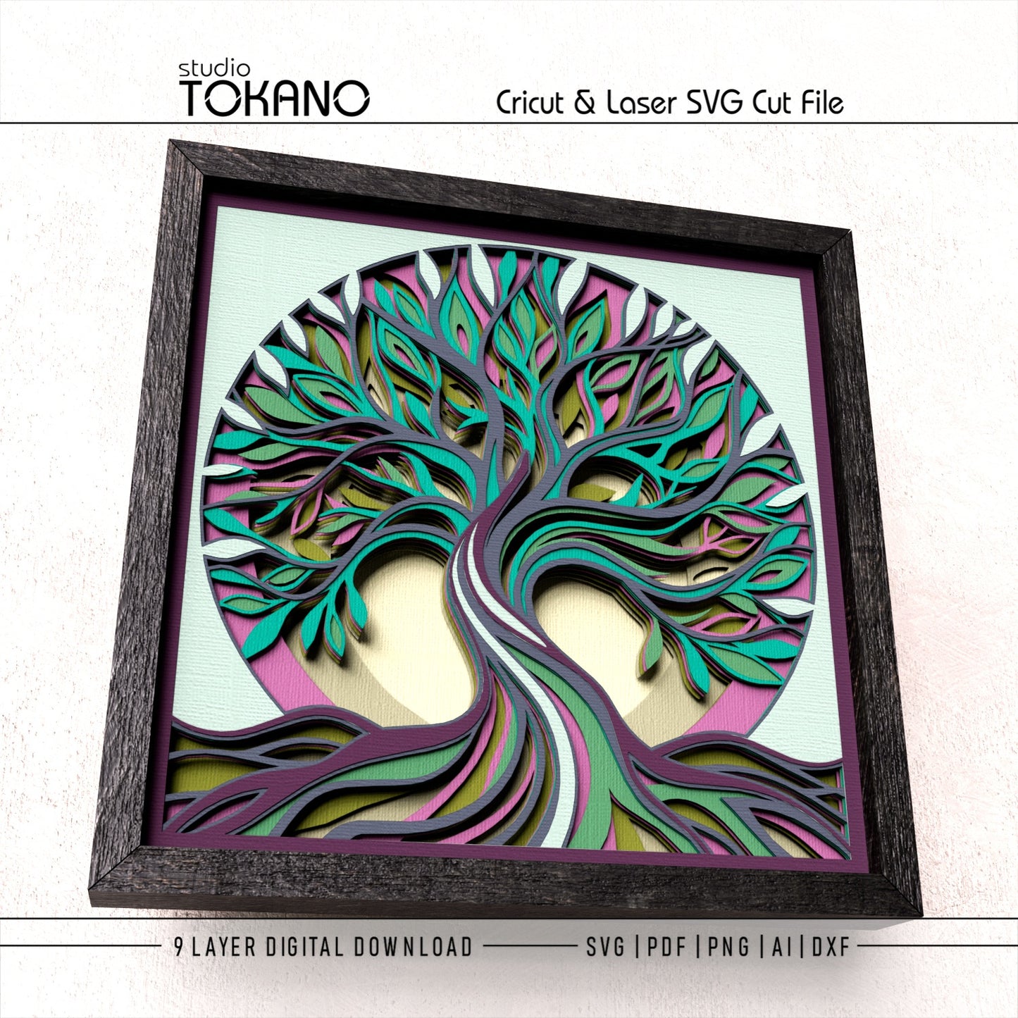 Framed Tree of Life 3D papercut displayed as colorful botanical wall decor
