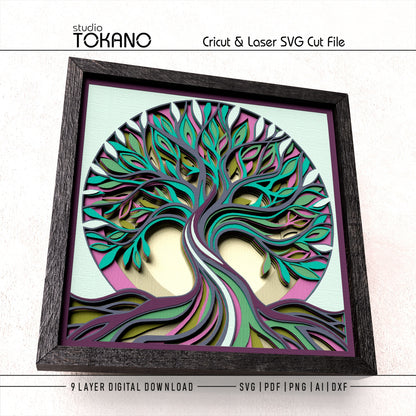 Framed Tree of Life 3D papercut displayed as colorful botanical wall decor

