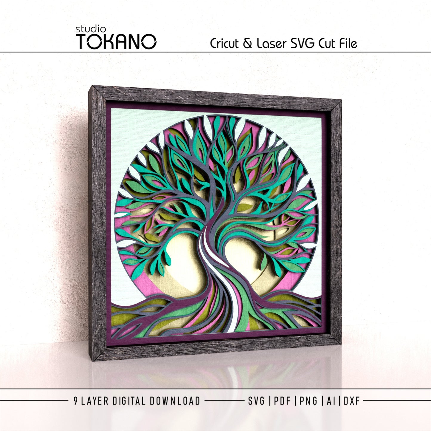 A framed 3D layered tree of life wall art design shown on a white background, with text at the top reading 'studio TOKANO' and 'Cricut & Laser SVG Cut File,' plus file format labels at the bottom.
