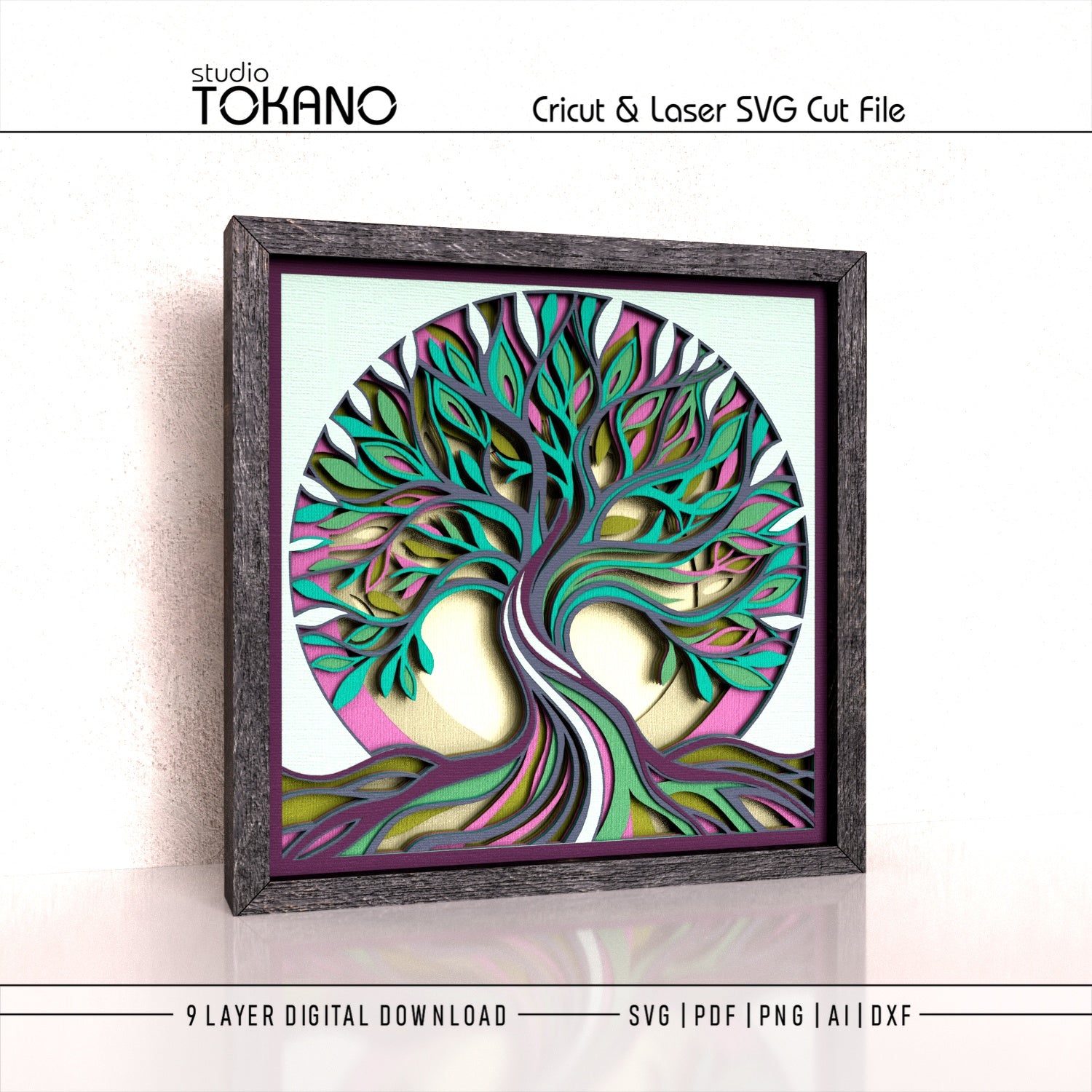 A framed 3D layered tree of life wall art design shown on a white background, with text at the top reading 'studio TOKANO' and 'Cricut & Laser SVG Cut File,' plus file format labels at the bottom.