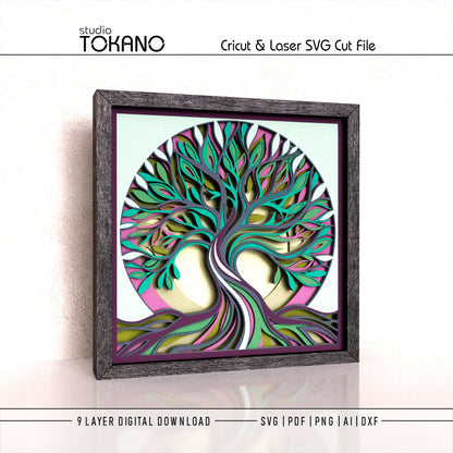 A framed 3D layered tree of life wall art design shown on a white background, with text at the top reading 'studio TOKANO' and 'Cricut & Laser SVG Cut File,' plus file format labels at the bottom.