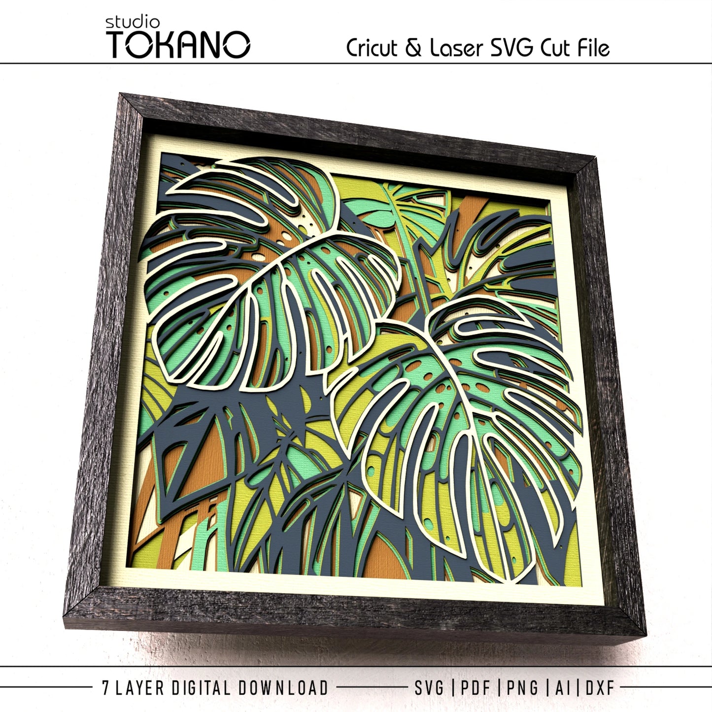 Seven-layer tropical Monstera leaf shadow box SVG designed for Cricut, Silhouette and laser cutting machines
