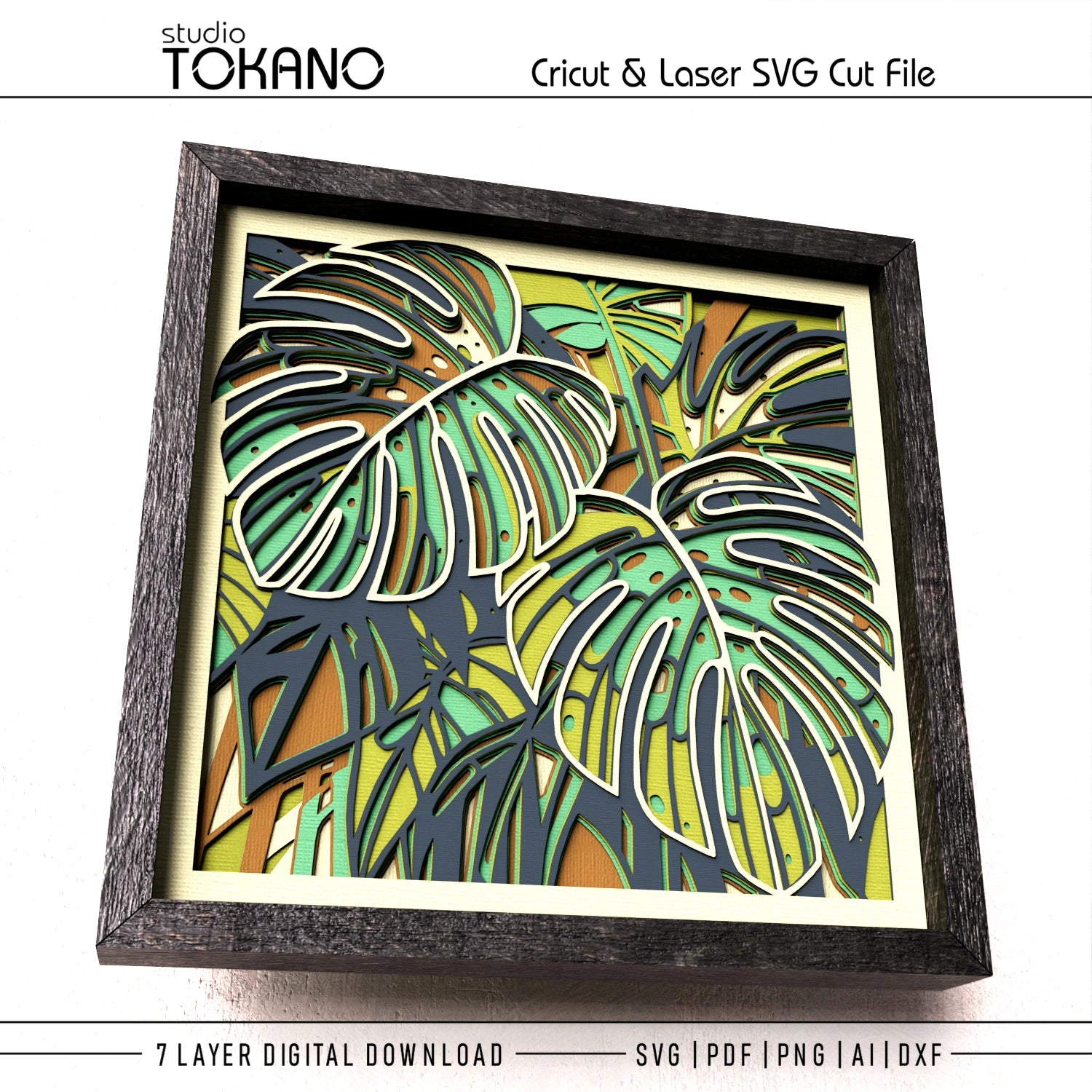 Seven-layer tropical Monstera leaf shadow box SVG designed for Cricut, Silhouette and laser cutting machines
