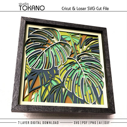Seven-layer tropical Monstera leaf shadow box SVG designed for Cricut, Silhouette and laser cutting machines
