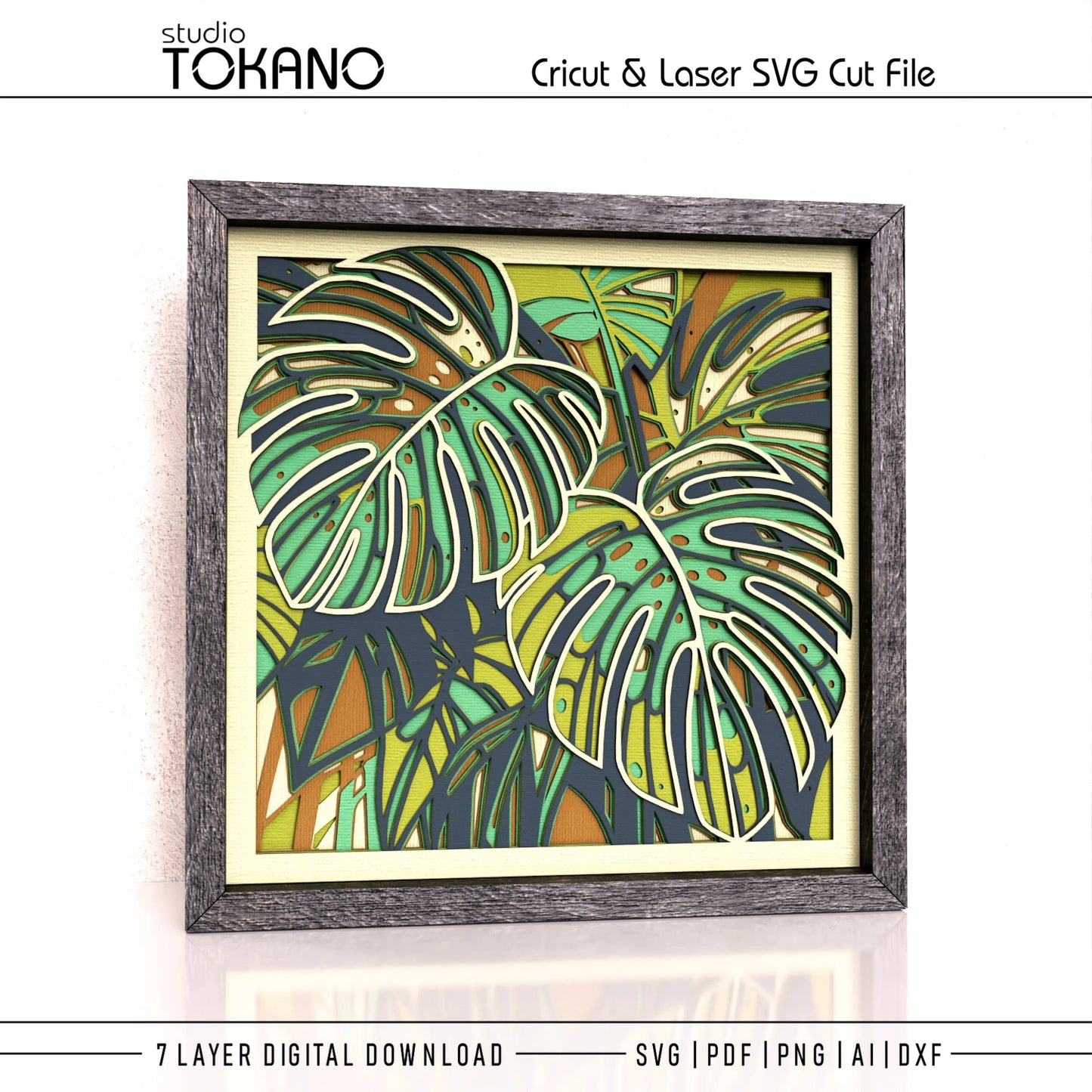 Layered tropical plant artwork featuring bold Monstera leaves and jungle-inspired botanical details
