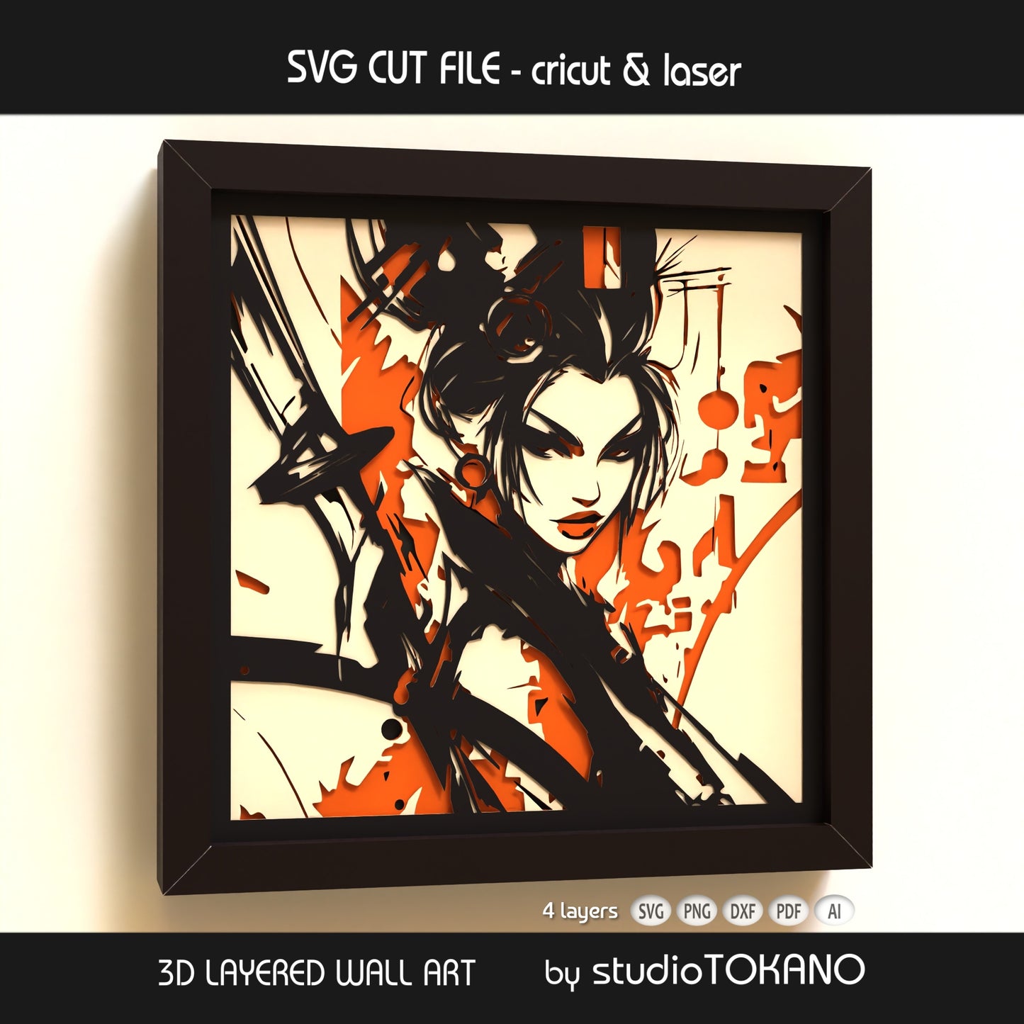 4-layer warrior geisha shadow box SVG shown as striking Japanese wall art template for cardstock and papercut crafting.