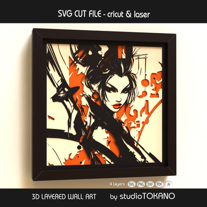 4-layer warrior geisha shadow box SVG shown as striking Japanese wall art template for cardstock and papercut crafting.