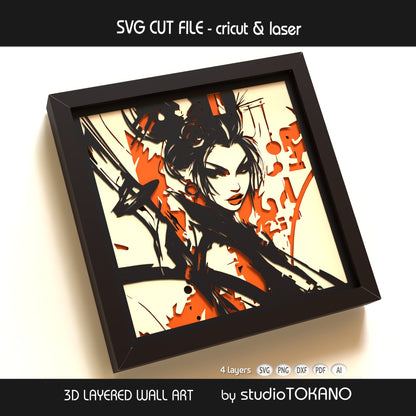 Japanese warrior geisha SVG design displayed as framed multilayer paper art with clean cut details and dimensional depth.