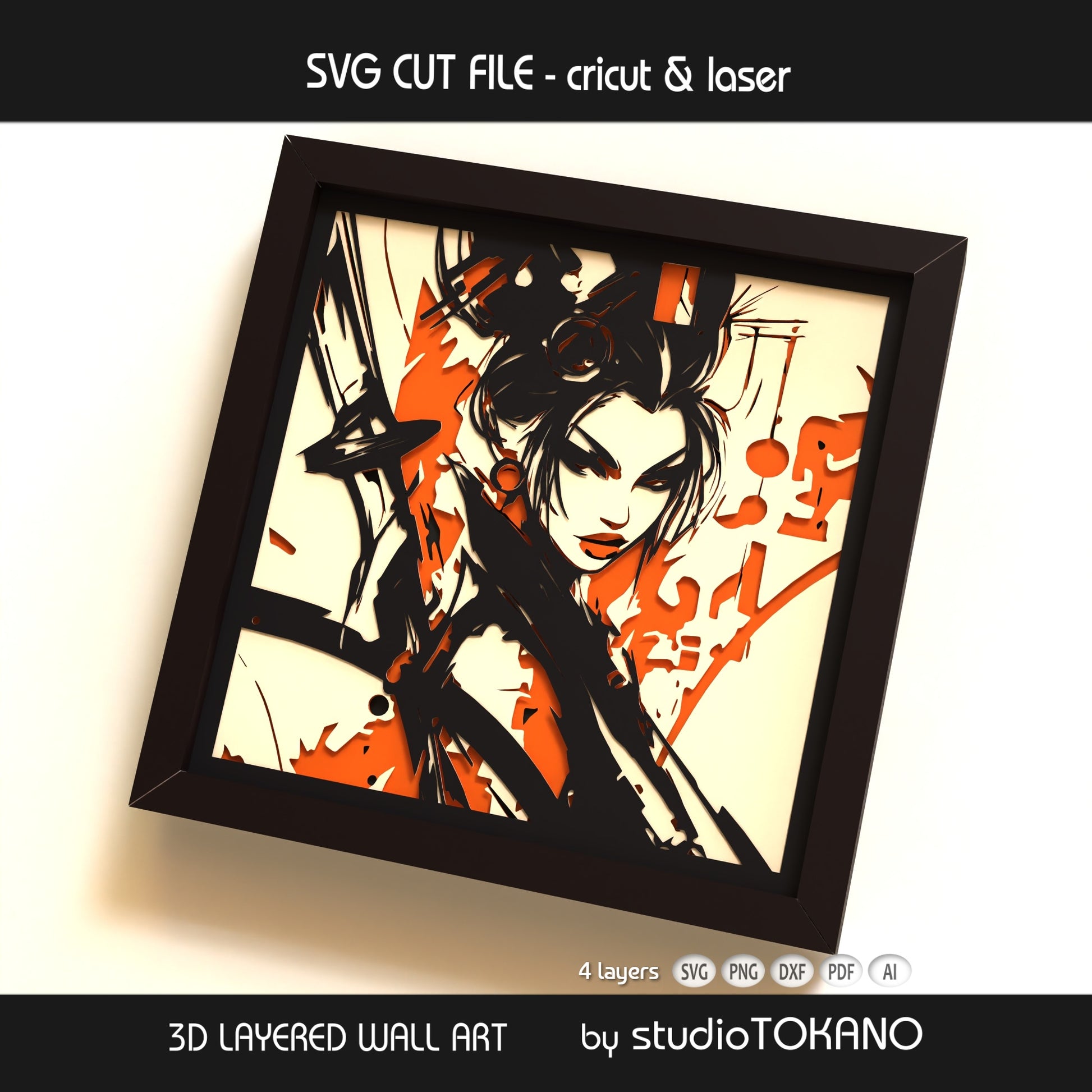 Warrior geisha shadow box cut file shown as layered papercut wall art for Cricut, Silhouette, and laser machines.