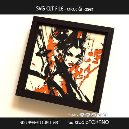 Warrior geisha shadow box cut file shown as layered papercut wall art for Cricut, Silhouette, and laser machines.