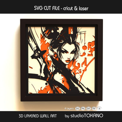 Warrior geisha shadow box SVG displayed as framed 4-layer Japanese wall art for Cricut and laser cutting.