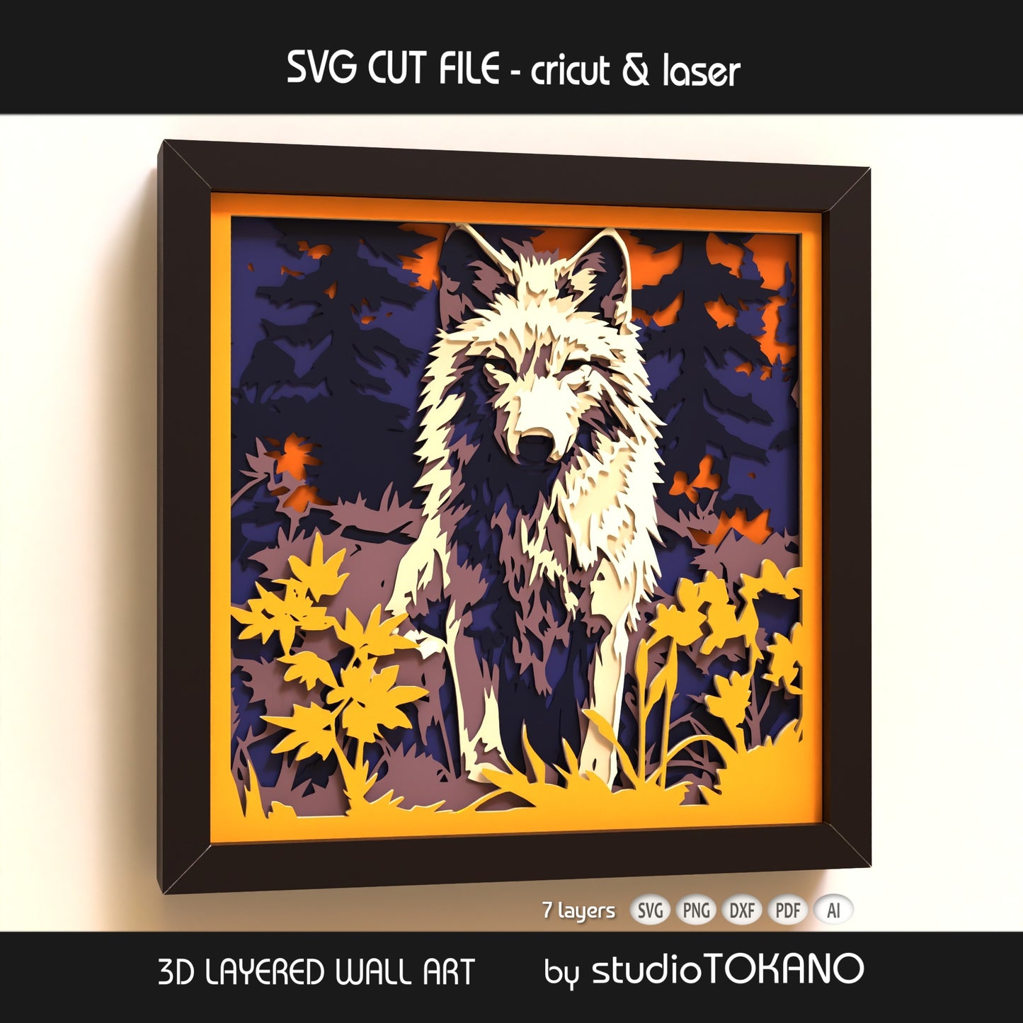 Wolf shadow box SVG shown as finished framed wall art, perfect for wildlife wall decor, nature lover gifts, and layered paper craft projects.