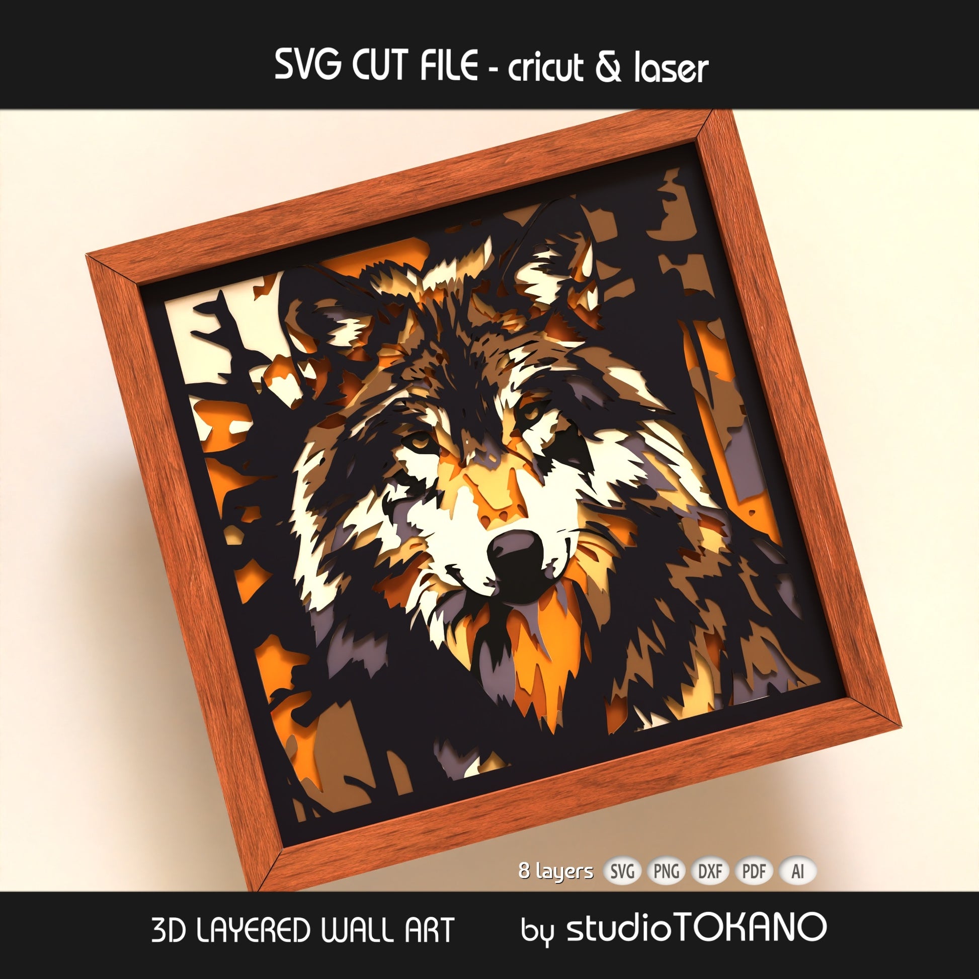 Wolf 3D layered shadow box art with a glowing forest background, designed as a Cricut and laser cut file for cabin and wildlife decor.