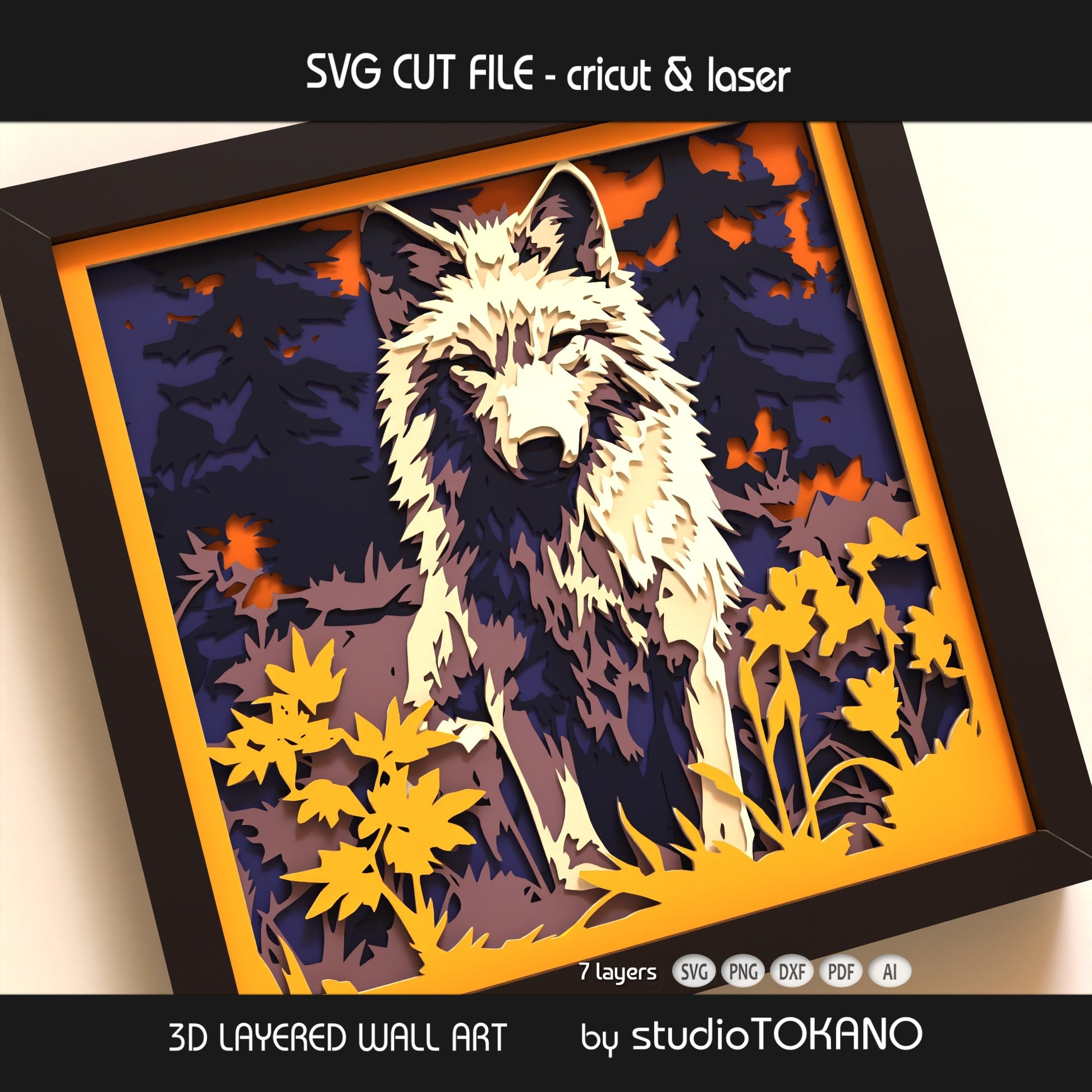 7-layer wolf layered SVG with bold wildlife styling, created as a Cricut, Silhouette, Glowforge, and xTool cut file.