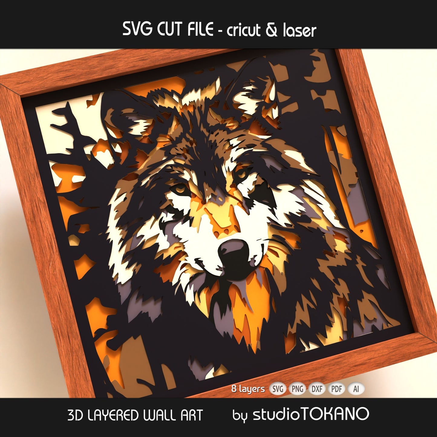 8-layer wolf shadow box SVG with bold wildlife styling, created as a Cricut, Silhouette, Glowforge, and xTool cut file.