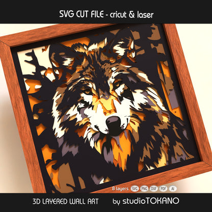 8-layer wolf shadow box SVG with bold wildlife styling, created as a Cricut, Silhouette, Glowforge, and xTool cut file.
