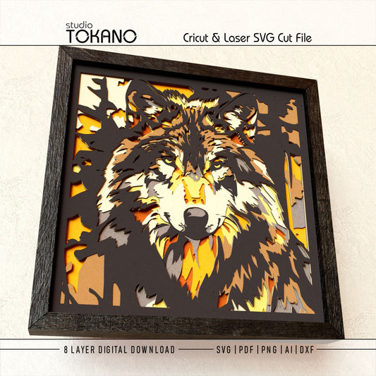 8-layer wolf shadow box SVG with bold wildlife styling, created as a Cricut, Silhouette, Glowforge, and xTool cut file.