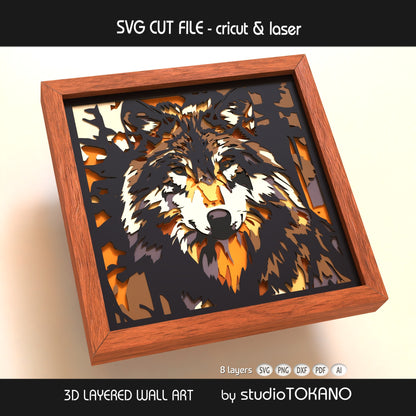 Close-up of the wolf layered SVG design showing detailed forest shadows, stacked cardstock depth, and clean 8-layer construction.