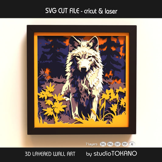Wolf layered SVG displayed as framed 7-layer wildlife shadow box wall art in bold cardstock colors for Cricut and laser cutting.
