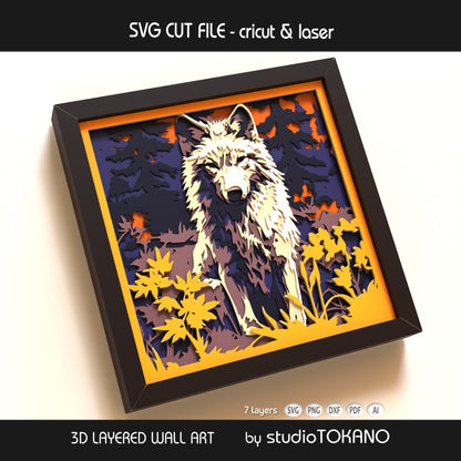 Side-angle view of the wolf layered SVG showing dimensional cardstock layers, clean cut edges, and bold papercut detail.