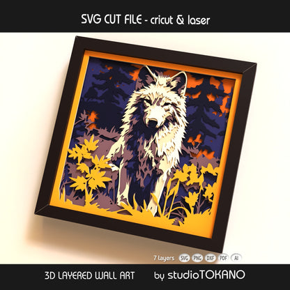 Framed wolf shadow box design shown from an angled view, highlighting the 3D depth, stacked cardstock layers, and clean wildlife artwork.
