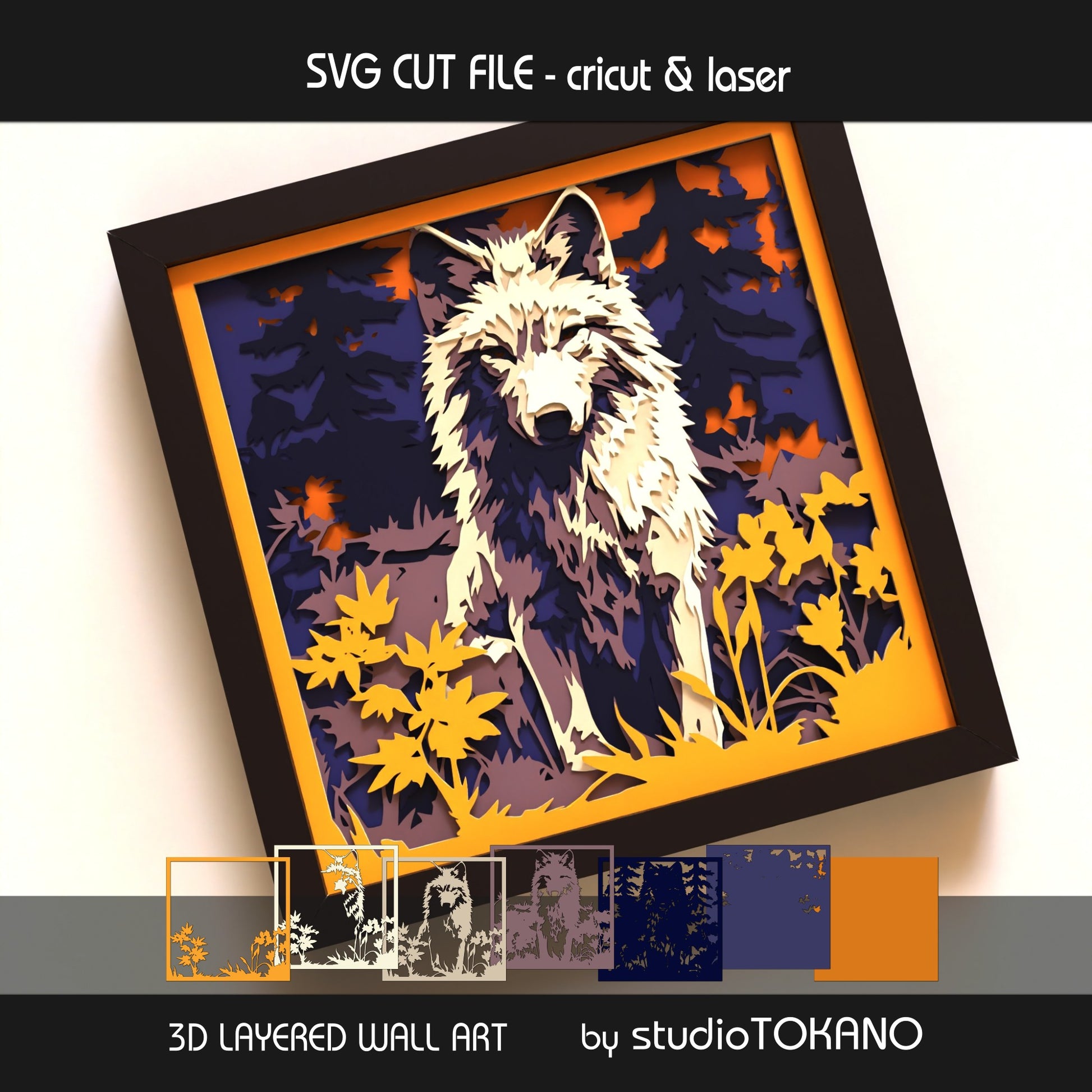 Wolf layered SVG layer guide showing the separate papercut layers and color arrangement for Cricut and laser cut assembly.
